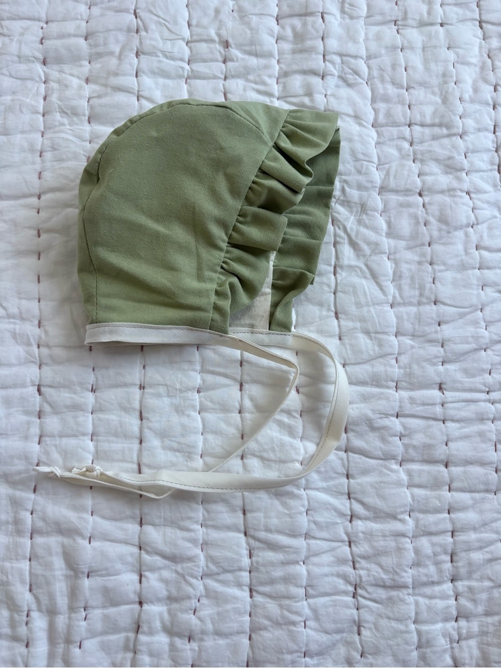 Baby Bonnet in Sage Green with ruffle trim/ handmade